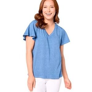 AnyBody Womens 1X French Terry Knit Lounge Sleep Top Blue Flutter Sleeves NWT)